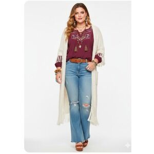 Knox Rose Burgundy Embroidered Boho Peasant Top XXL Lace Up Tassel Hi-Low Hem